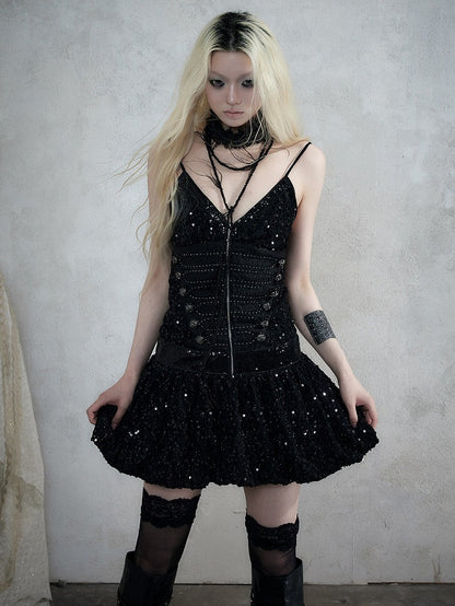 Black Double-Breasted Cami Dress with Sequin Details - NO ROMANCE