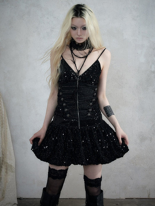 Black Double-Breasted Cami Dress with Sequin Details - NO ROMANCE