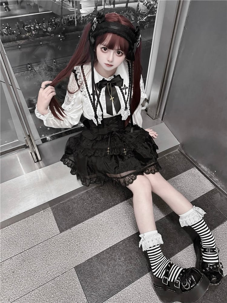 Jirai Kei – Schwarzes Tüllrock-Overallkleid mit Schnürung und hoher Taille, Landmine