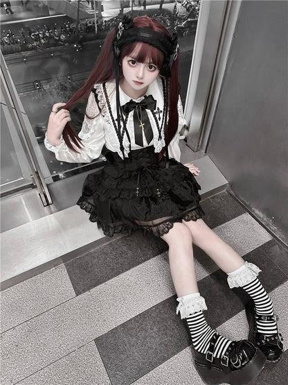 Jirai Kei – Schwarzes Tüllrock-Overallkleid mit Schnürung und hoher Taille, Landmine