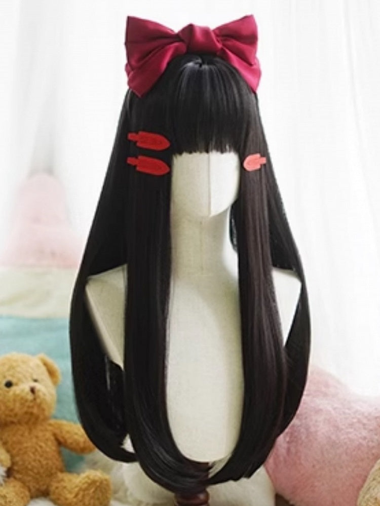 Schwarze lange glatte Perücke mit vollem Pony