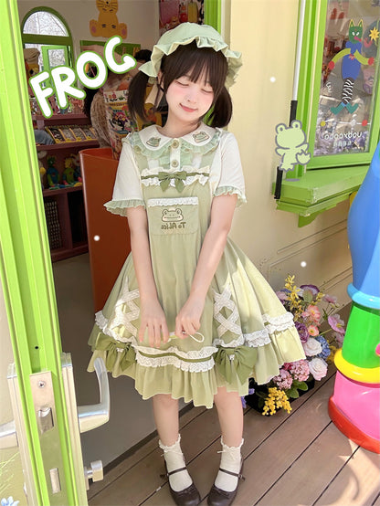 Light Green Frog Embroidery Lace Trim Overalls