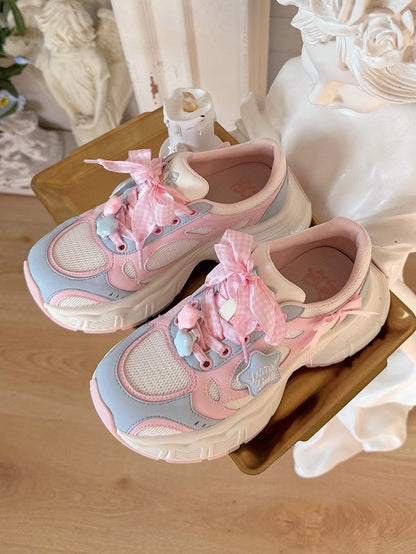 Sneakers Lolita Pink Pattern Plaid Sweet - Lace-Up Blue Closure
