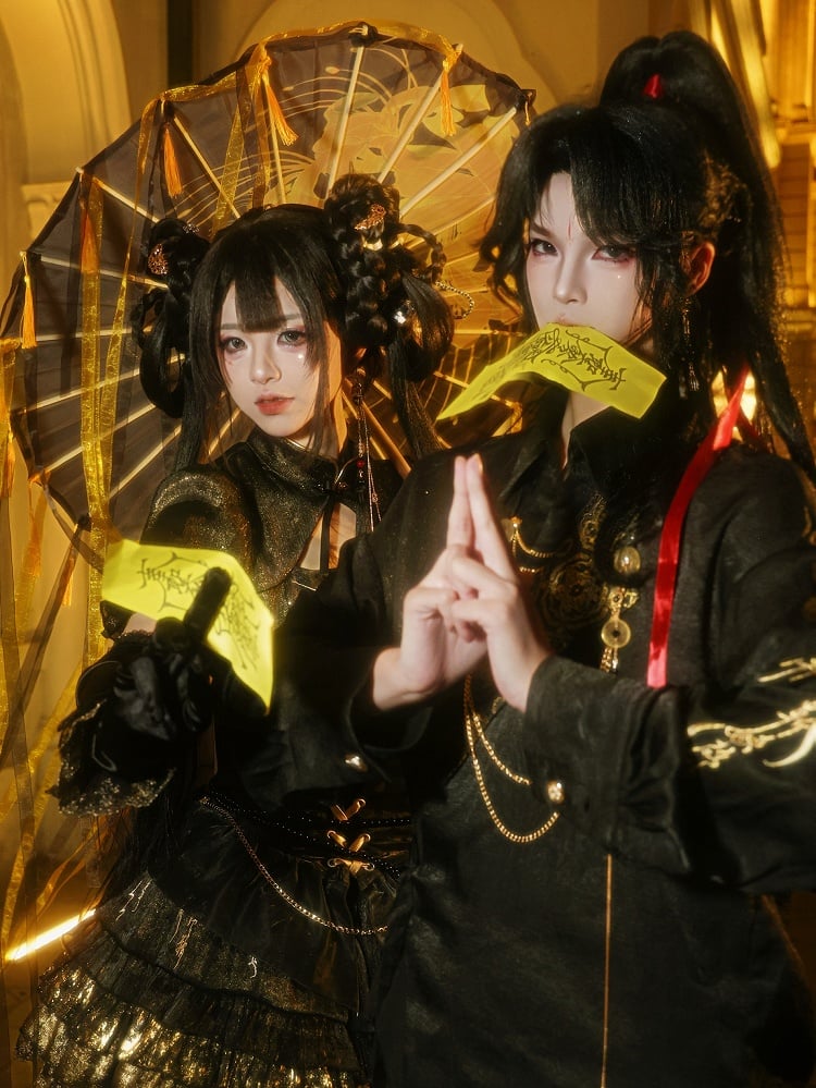 Shimmering Black Gold Chinoiserie Lolita OP with Chinese Embroidery Flounce Hem - YING YUE