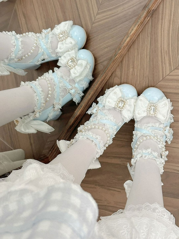 Light Blue Lolita 5cm Mid Heel Shoes with Big Bow and Pearl Embellishments Sweet Style - Sheep Puff