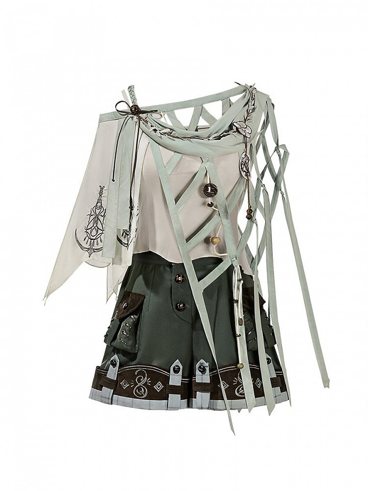 White Sleeveless Top + Asymmetrical Cutout Cape + Dark Green Multi-Button Shorts Set - Unknown Star