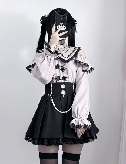 Detachable Design Choker Pink Trim Black Lace Jirai Kei Peter Pan Collar Cutout Shoulder Contrast Blouse with