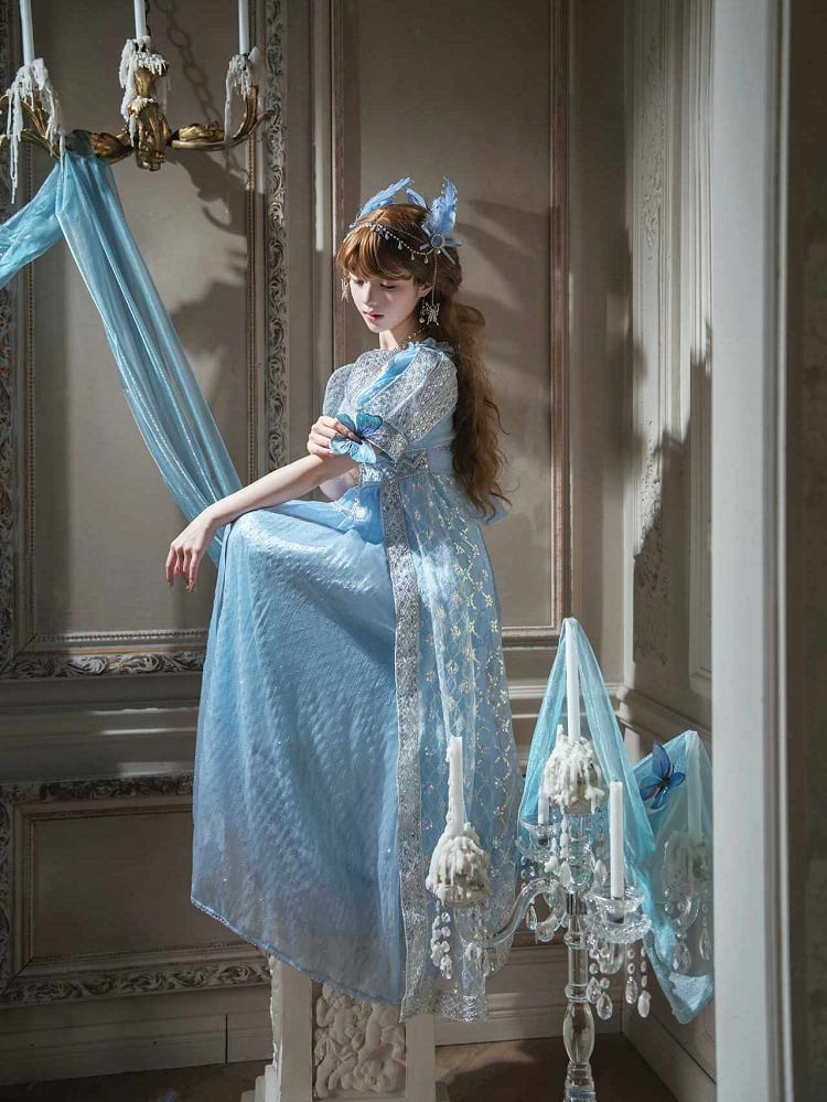 Maxi Lolita Dress Shimmering Rhinestone Blue Details and Sequin Elegant with Waist Empire