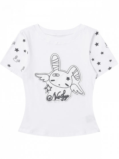 White Star Print Tee with Cute Bunny Applique