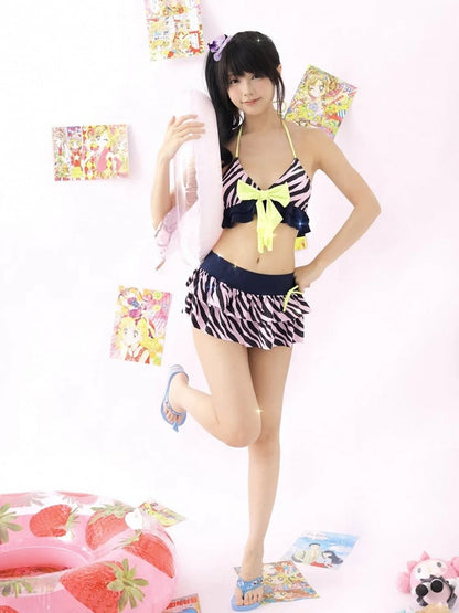 Skirt Top Pink  Blue Zebra Print Padded Ruffle Gyaru Bikini Swimsuit with Padded Hime