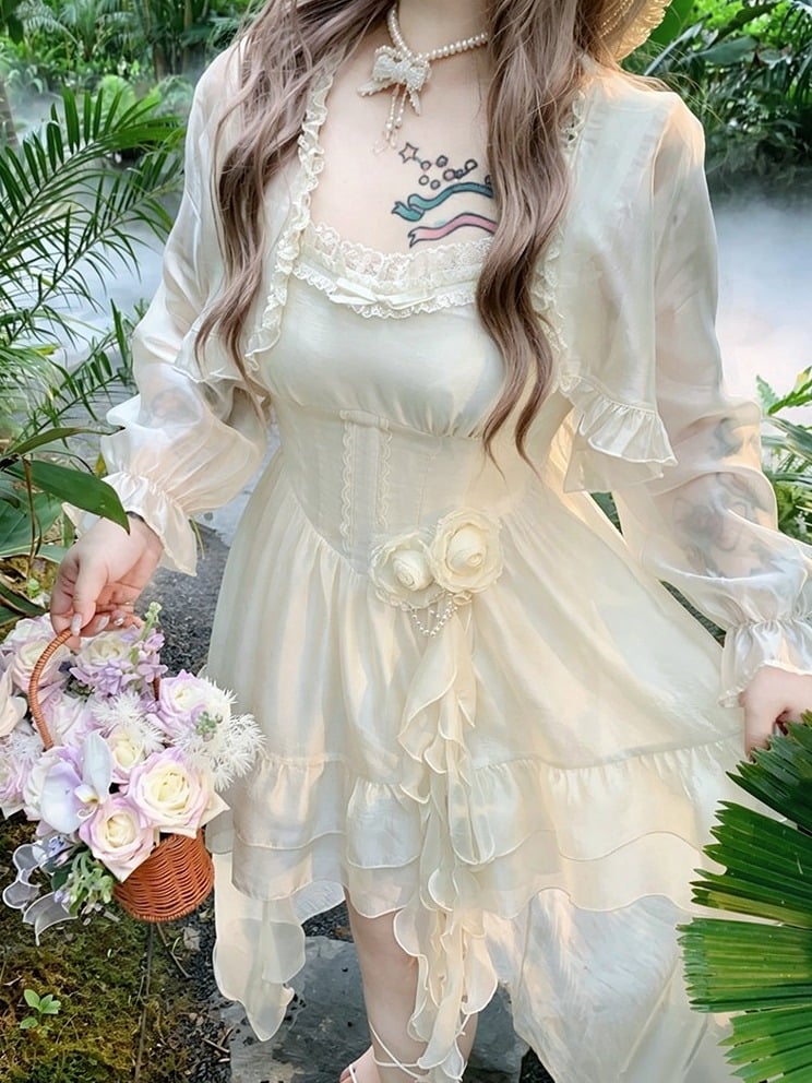 Beige Open Front Top with Ruffle Trim - Hard Candy