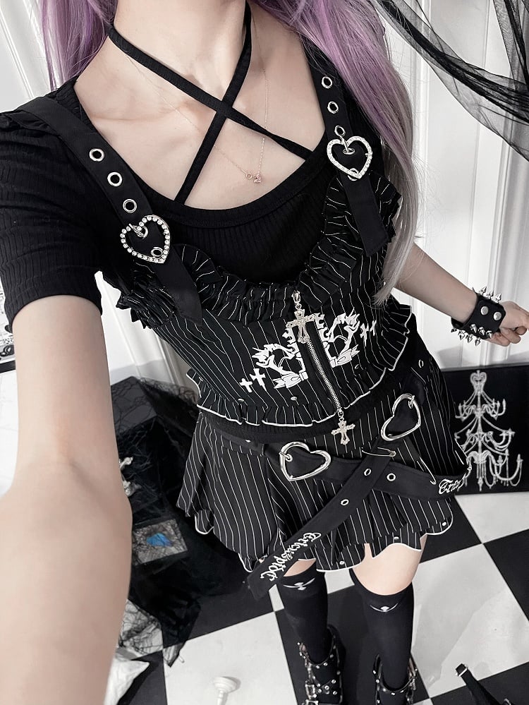 Vest Buckle Cross Gothic White Ruffled Zipper Straps Black with Striped Heart
