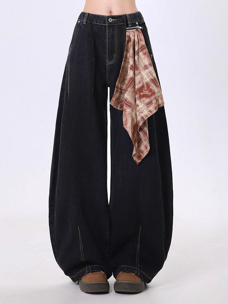 Scarf with Zippered Jeans Black Plaid Side Accent Wide-Leg