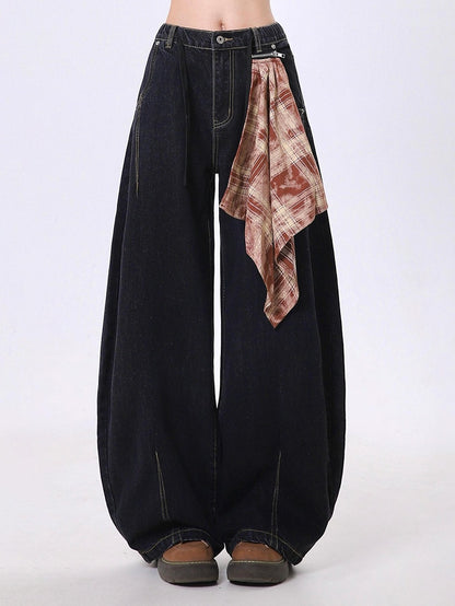 Scarf with Zippered Jeans Black Plaid Side Accent Wide-Leg