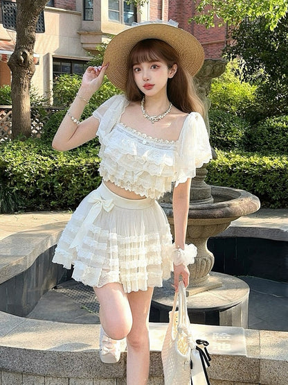 With Top Lace Overlay Chiffon White Floral Flounce Embroidered Creamy