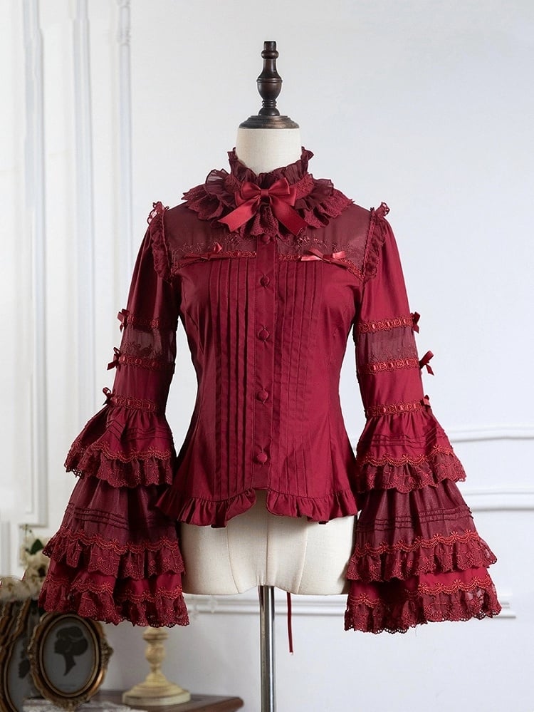 Neckline Ruffle Red Blouse Wine Layered Sleeves Bell