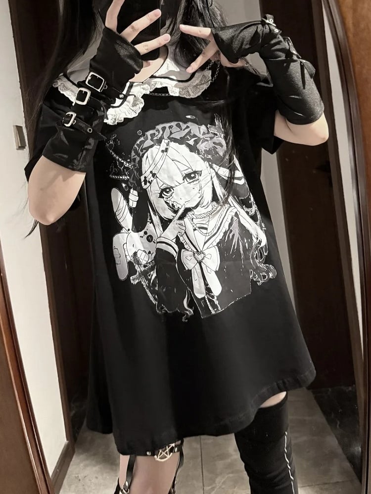 Pan Jirai Kei T-shirt Collar Black Anime Girl Print Peter