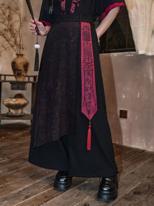 Chinese Print Gothic Black Drawstring Cuffs Talisman Red Pants Sash Wide-leg And With