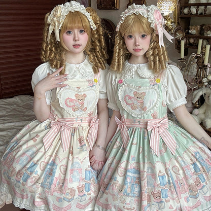 Kleid Grün Teddy Spielzeug Overall Süß und Plüsch Print Lolita Bunny