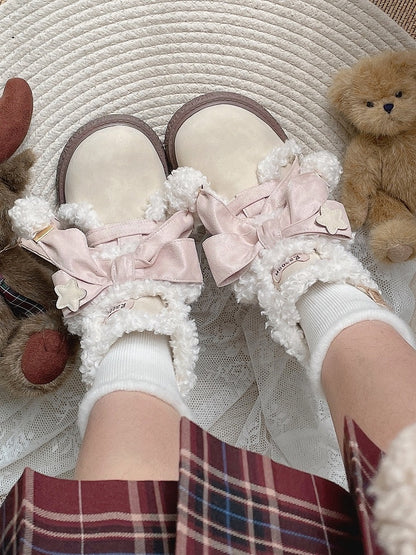 in Classic Decor Lolita Pink Bow Boots Lining Plush Lacing Sweet Beige with