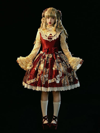 Top+Skirt Classic Lolita Lace-Trimmed Red Wine Set Baroque Elegant