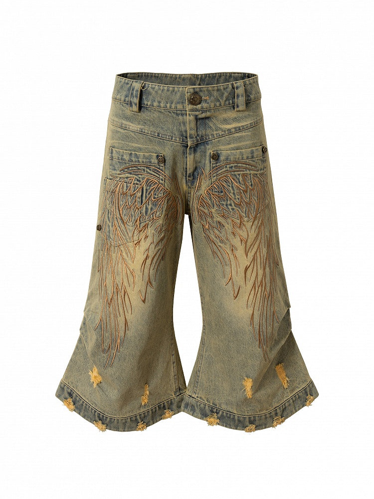 Vintage Wide-leg Jeans Punk Wing Embroidery with Distressed Holes Yellow Angel