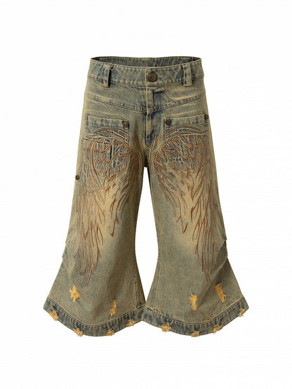 Vintage Wide-leg Jeans Punk Wing Embroidery with Distressed Holes Yellow Angel