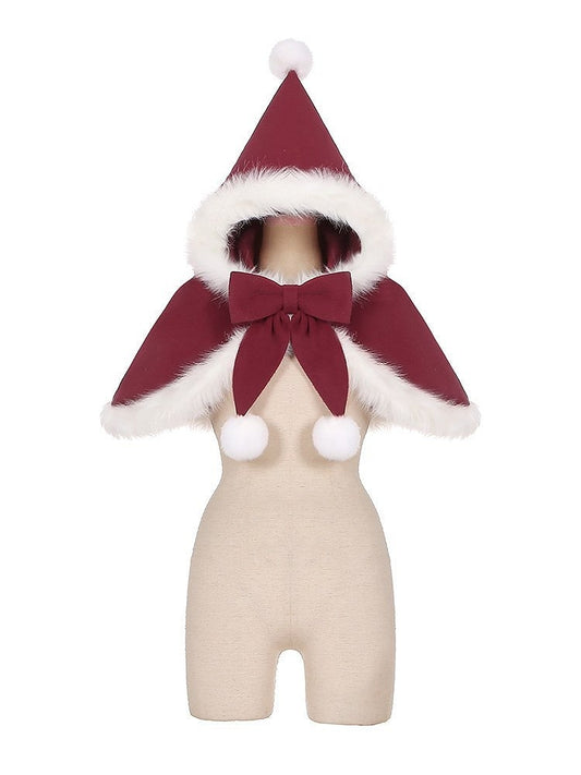 Detachable Plush Sweet Bow Cape Charm Lolita with Pompon Red Christmas Wine Trim