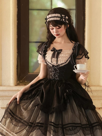 Black Boned Basque Waist Elegant Under Bust Classic Lolita Jumper Skirt