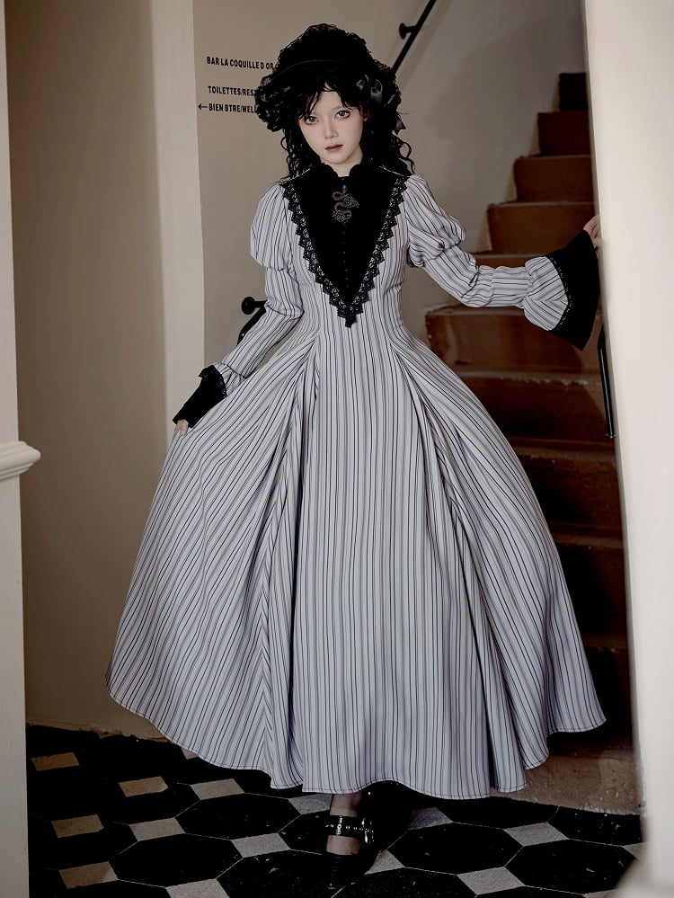 Hellgraues gestreiftes Nonne-Juliette-Ärmel-Stehkragen-Gothic-Lolita-Kleid, lange Version