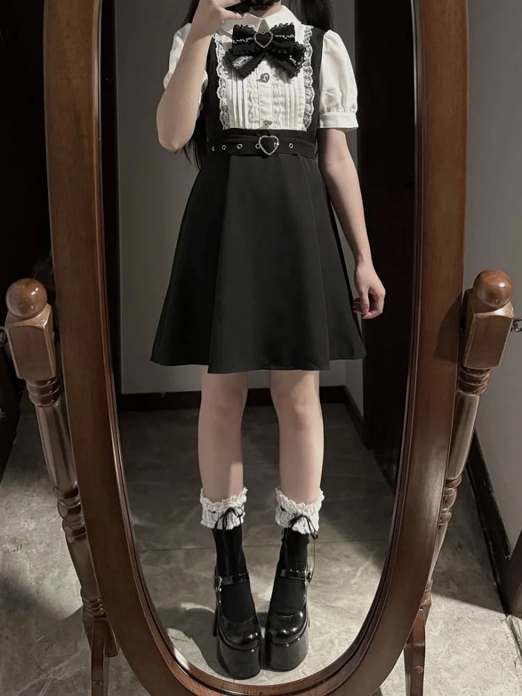 Faux White Jirai Heart Colorblock Dress Bow Kei Tie Belt Overall Black Buckle Detachable with
