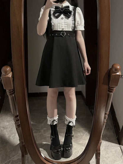 Faux White Jirai Heart Colorblock Dress Bow Kei Tie Belt Overall Black Buckle Detachable with