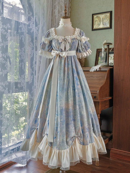 Stück Lolita Maxi One Kleid Taille Elegante Klassische Malerei Blau Empire Öldruck
