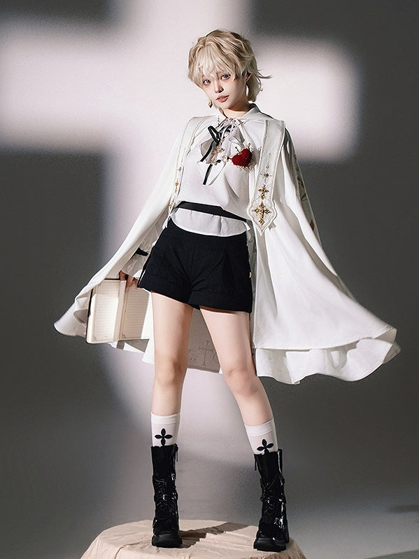 Shirt + Stoles Shorts Set Fashion Lolita Ouji Hooded Cape Nun Full Long White Sleeves - Black