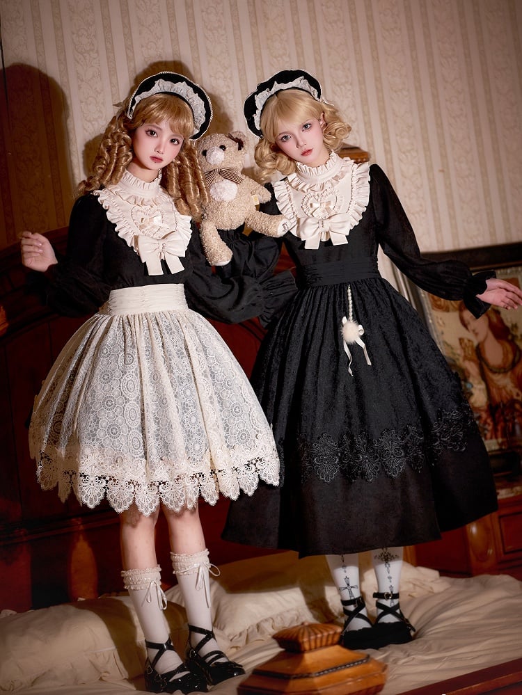 Beige Ruffle Neckline Black High-Waisted Long Balloon Sleeves Lolita Dress Long Version