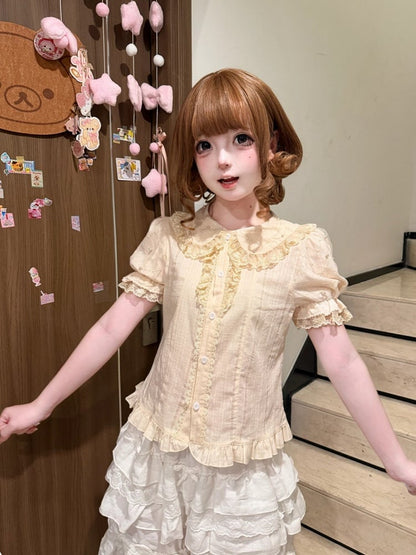 Beige Short Sleeves Lolita Cotton Blouse Lace Trim Bead Details - Jelly Girl