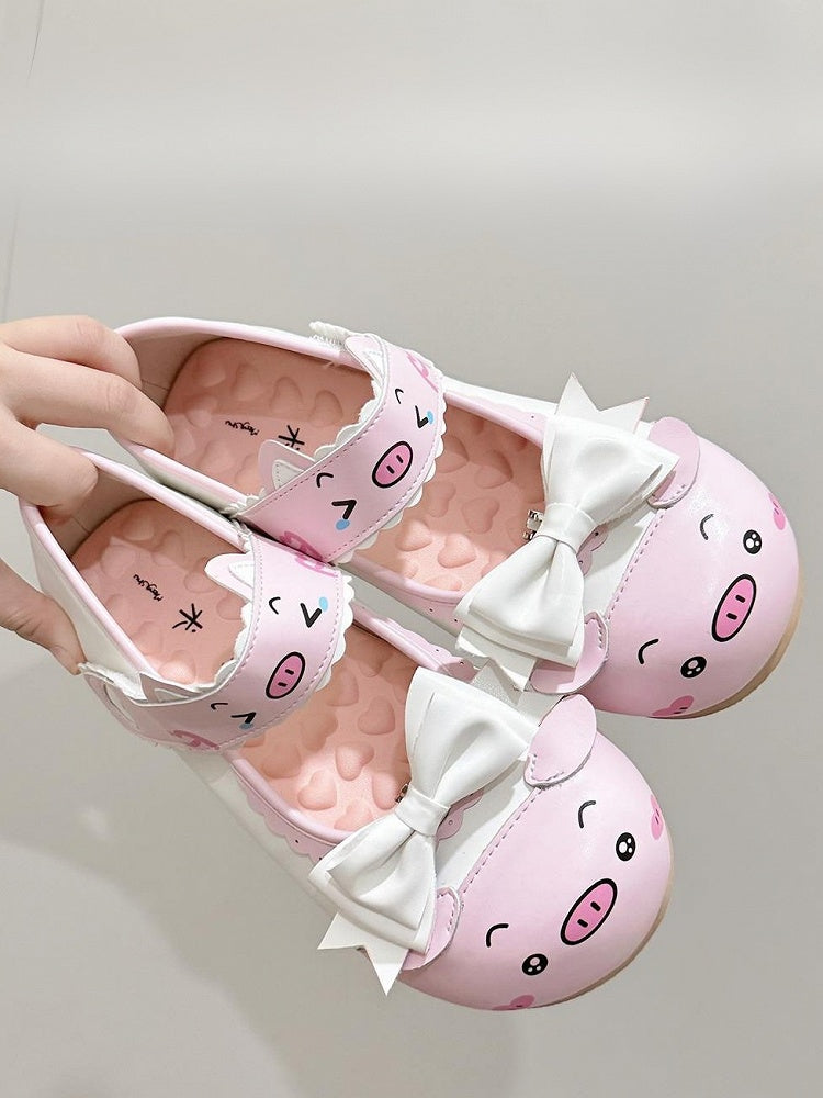 Lolita Detachable Flats Print Edge - Sweet Scalloped PU Bow with Piggy Velcro Pink