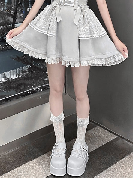 Gray Bowknot White Lace Calf Socks Kei Jirai