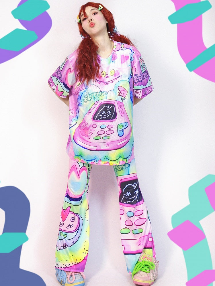 Colorful Y2K Sleeve Short Cartoon Print T-Shirt