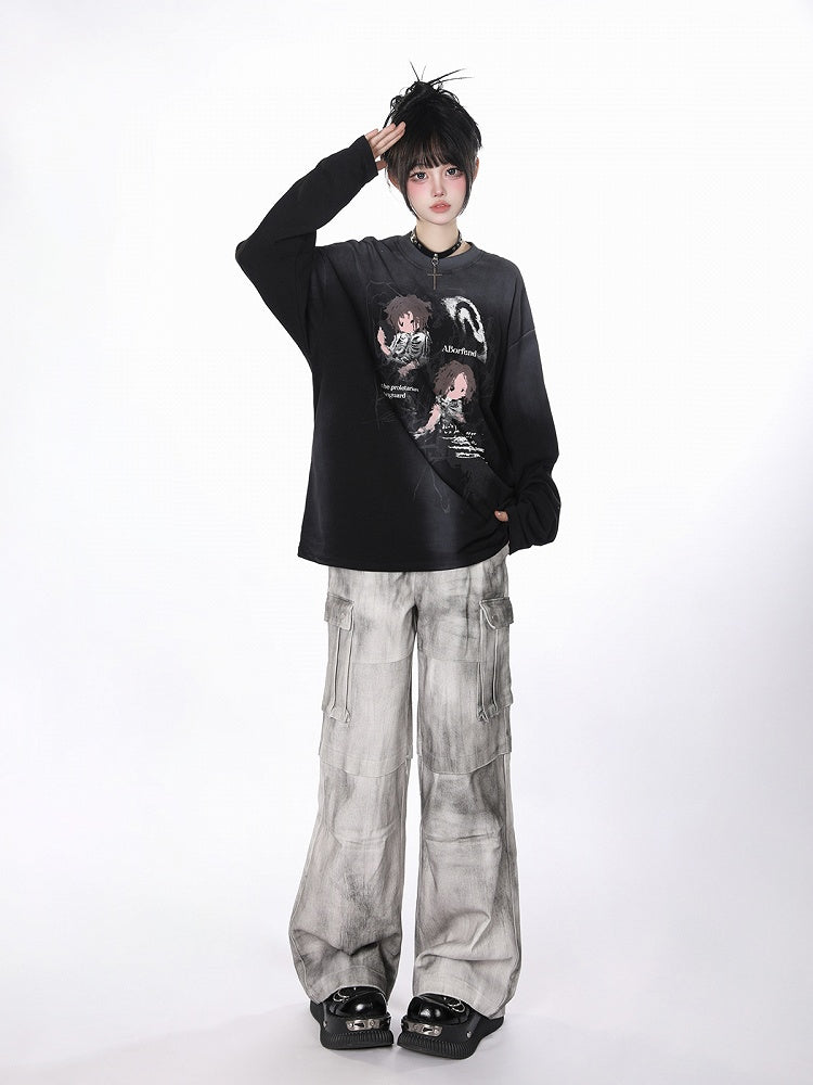 Cargo-Jeans mit weitem Bein und Utility-Taschen Weiß Grau Tie-Dye