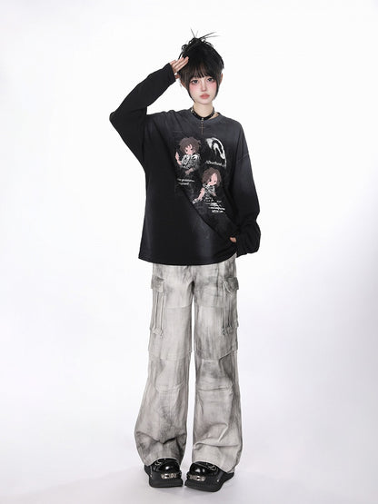 Cargo-Jeans mit weitem Bein und Utility-Taschen Weiß Grau Tie-Dye