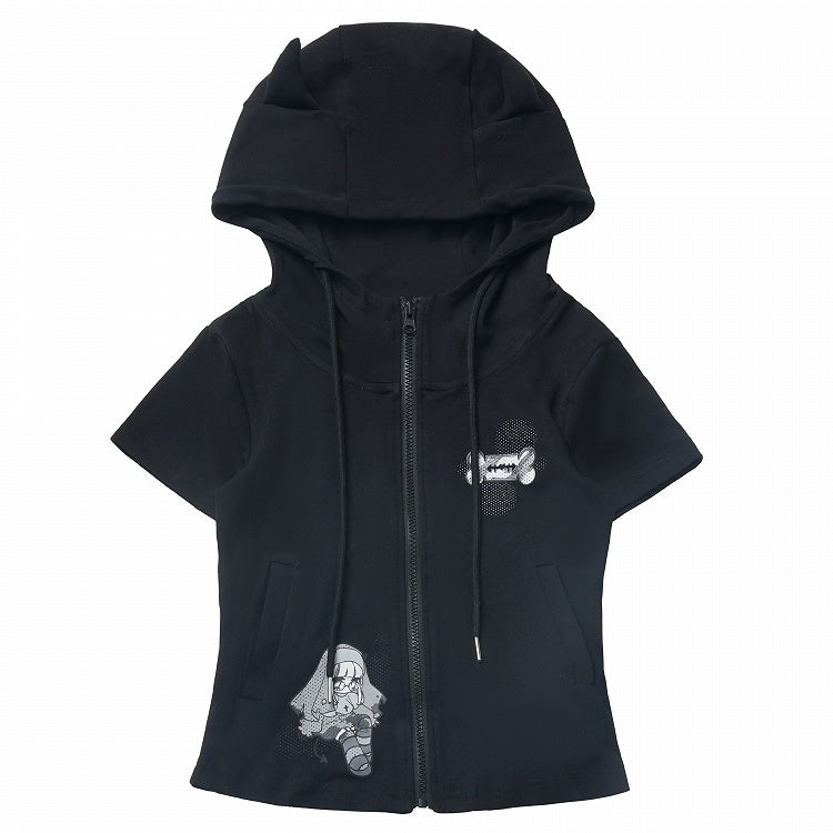 半袖トップス、ブラック/ホワイト、デビルホーンデザイン、フード、ジップ開閉