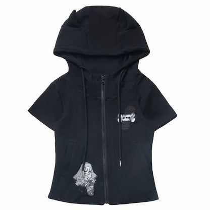 半袖トップス、ブラック/ホワイト、デビルホーンデザイン、フード、ジップ開閉