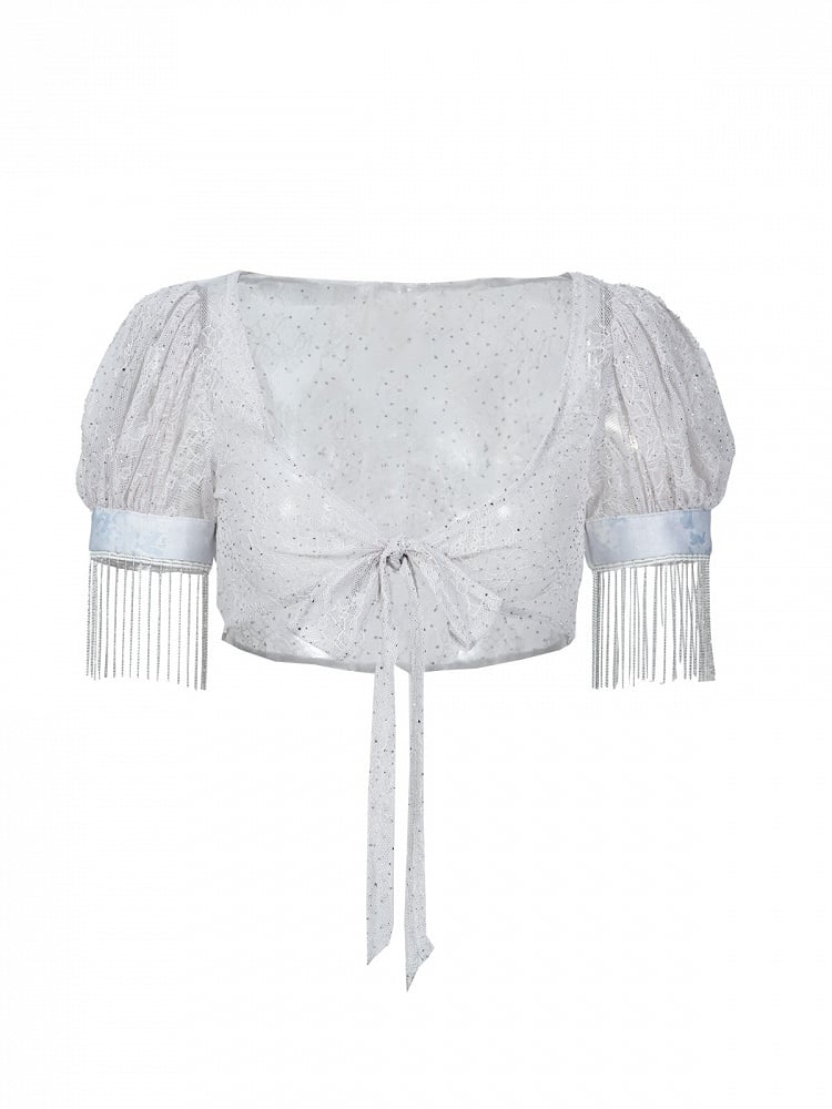 Y2K Light Gray Sheer Lace Puff Sleeve Cropped Top with Self-Tie - Virtual Orbit