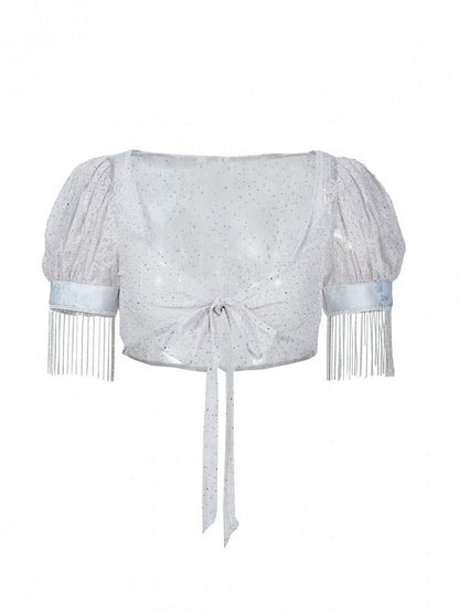 Y2K Light Gray Sheer Lace Puff Sleeve Cropped Top with Self-Tie - Virtual Orbit