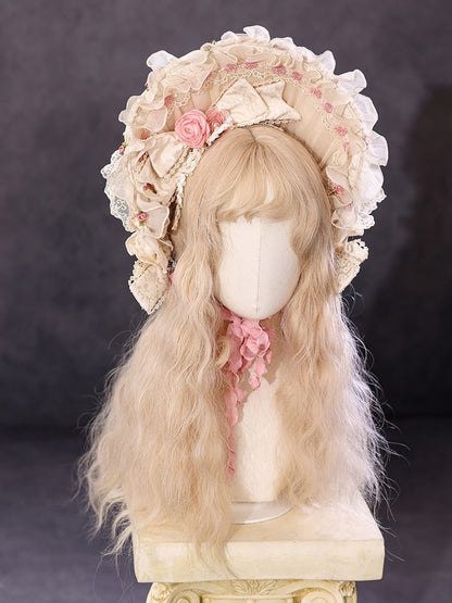 Beige Hanayome Rosette Stickerei Blumen und Perlenkette Lolita OP Komplettset