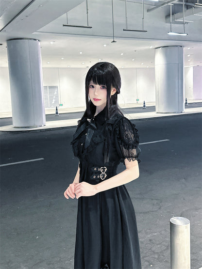 Hem Ruffles Tiered Dress Jirai Kei Black Chiffon Heart Buckles Waist