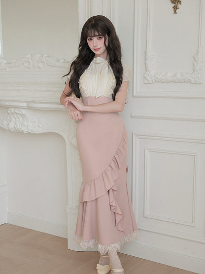 Pink-White Mermaid Two-Piece Dress with Ruffle Hem - With PUJI