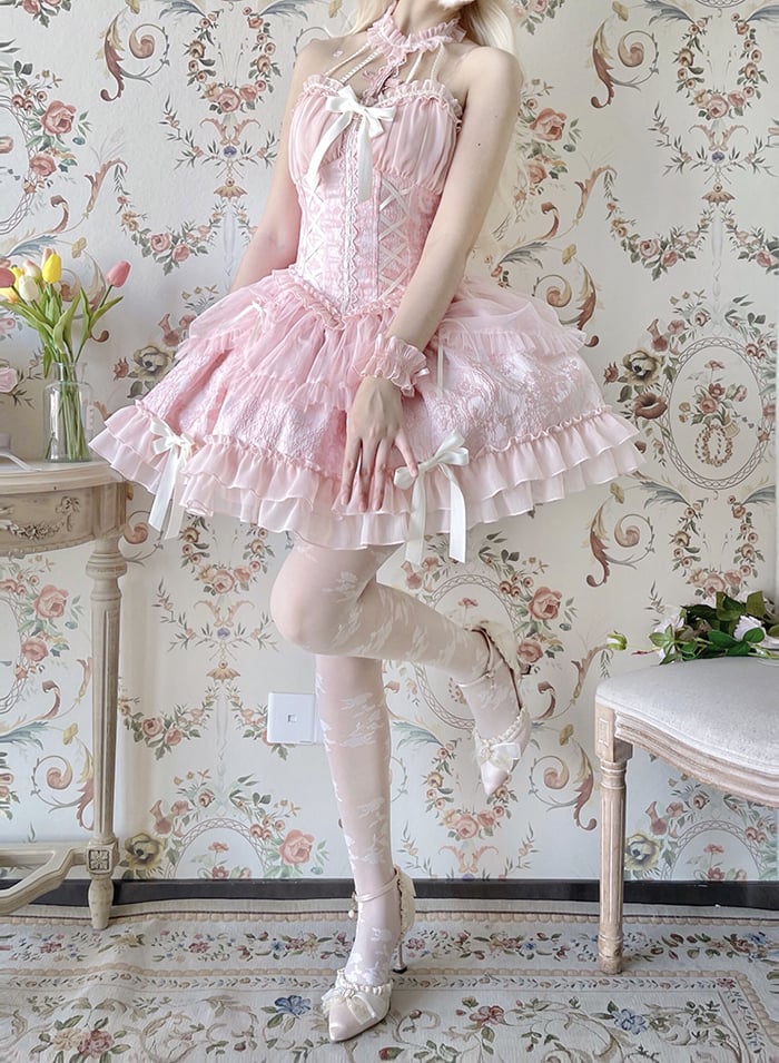 Neck Balletcore Corset Lolita Dress Pink Belle JSK Halter Cross