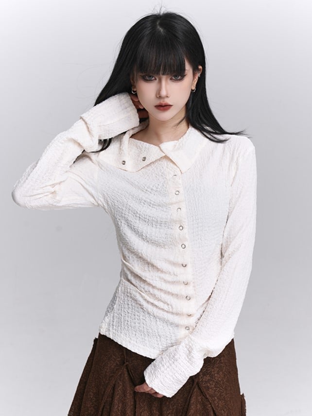 Beige Asymmetrical Design Long Sleeve Textured Shirt